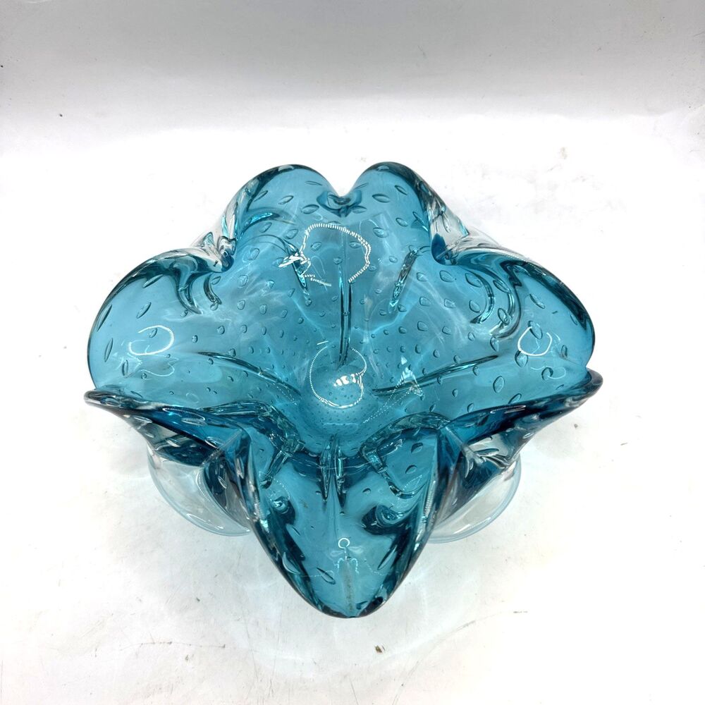 Murano Art Glass Bullicante Bowl Dish Blue Teal Glass w/ Bubbles Ashtray 7 3/4"